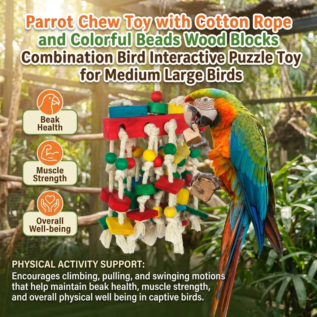 Interactive Parrot Chew Toy Cotton Rope Wood Blocks Colorful Beads Hanging Bird Cage Enrichment Puzzle for Medium Large Birds