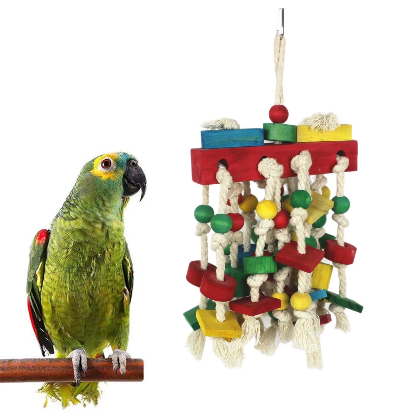 Interactive Parrot Chew Toy Cotton Rope Wood Blocks Colorful Beads Hanging Bird Cage Enrichment Puzzle for Medium Large Birds