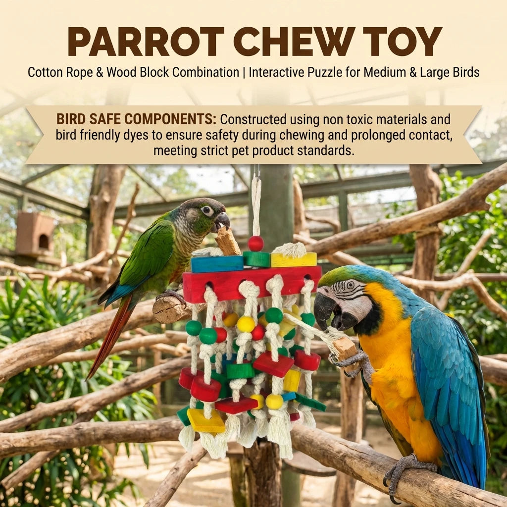 Interactive Parrot Chew Toy Cotton Rope Wood Blocks Colorful Beads Hanging Bird Cage Enrichment Puzzle for Medium Large Birds