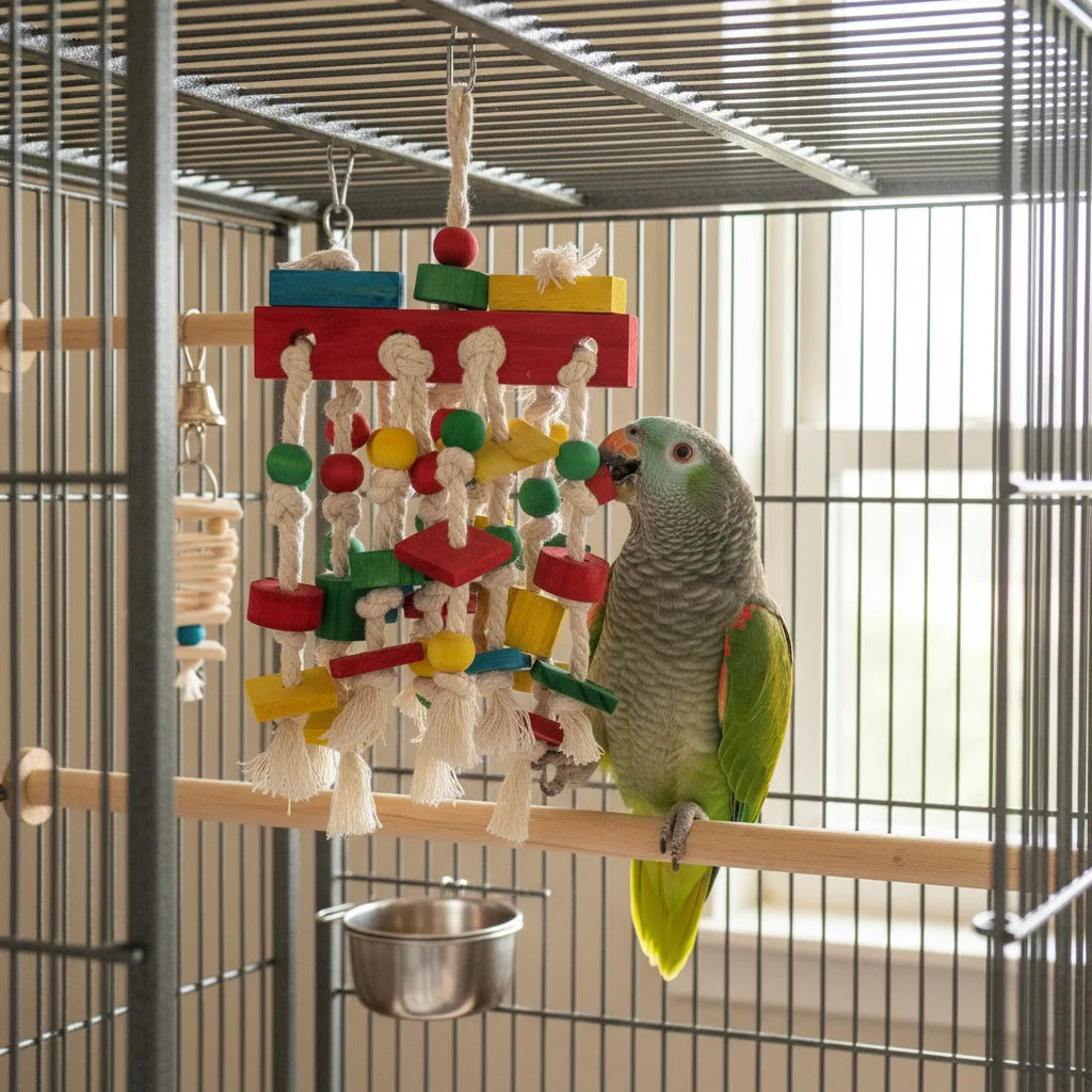 Interactive Parrot Chew Toy Cotton Rope Wood Blocks Colorful Beads Hanging Bird Cage Enrichment Puzzle for Medium Large Birds