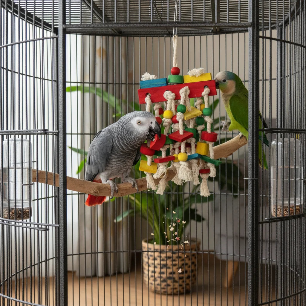 Interactive Parrot Chew Toy Cotton Rope Wood Blocks Colorful Beads Hanging Bird Cage Enrichment Puzzle for Medium Large Birds